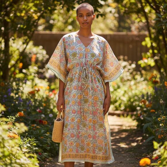 Hand Block Print Made in India One Size Kaftan - Picture 1 of 8